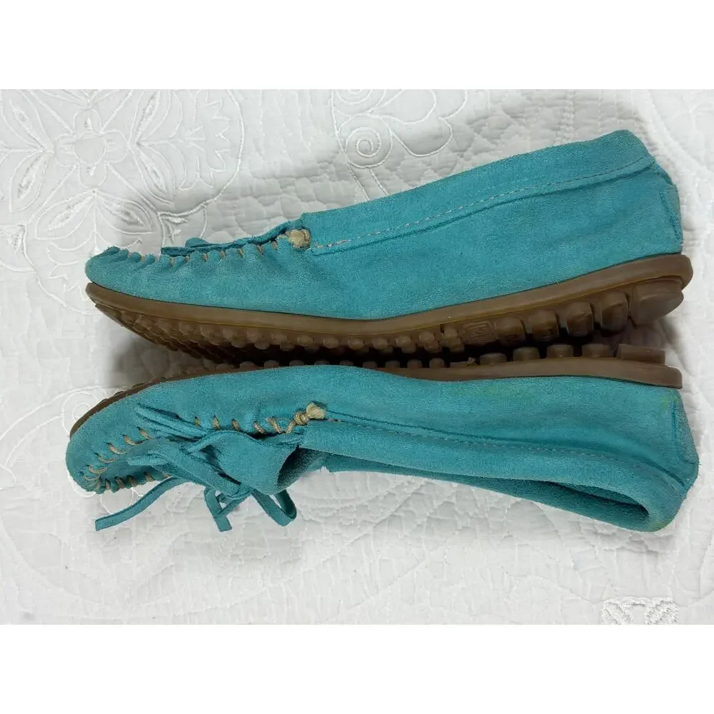 Minnetonka Women 7.5M Blue Leather Hardsole Slipper Moccasin Comfort Indoor Shoe